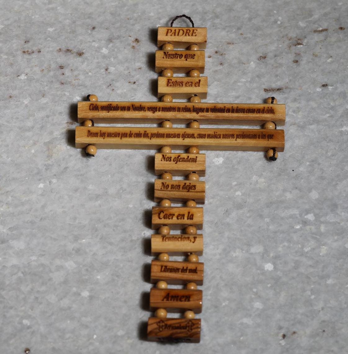 Olive Wood Cross Blessing Our Father Prayer, Carving on olive wood, hand made in the Holy Land with shape of Holy cross, blessing for home