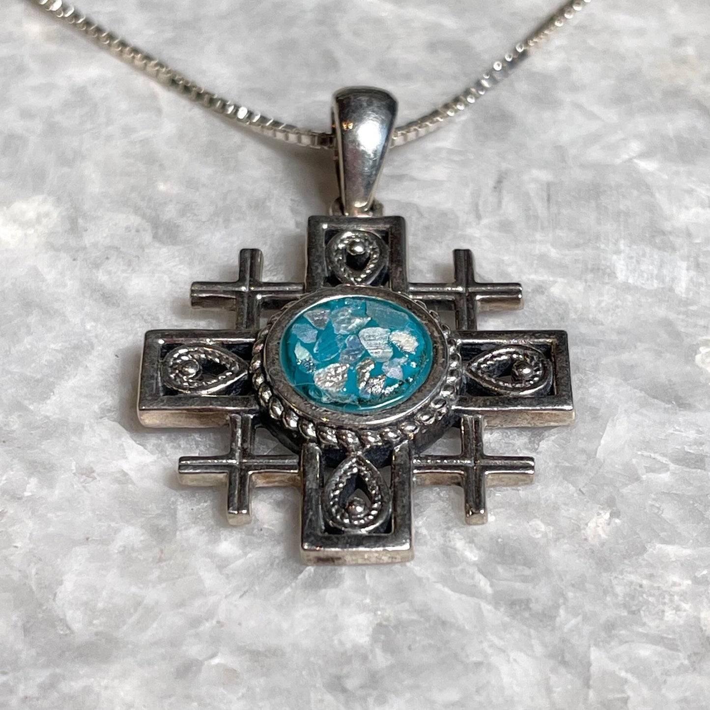 Jerusalem Cross Pendant with roman glass, 925 silver, christian gift, cross pendant, cross necklace, roman glass necklace, birthday jewelry