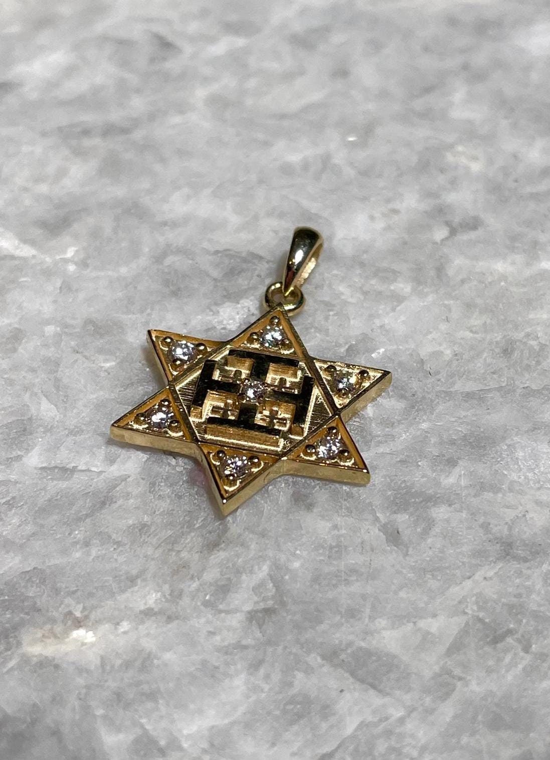 Diamonds Jerusalem Cross and Star of David Necklace, 14k Gold, jewish star, cross pendant, jewish and christian necklace, evangelical