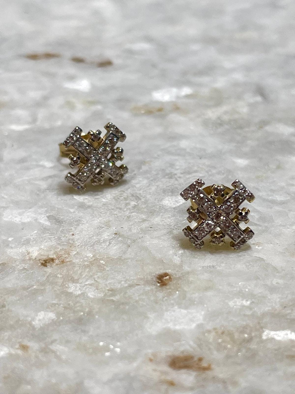 Jerusalem Cross Earrings With Diamonds, 14K gold, christian gifts, cross earrings, natural diamonds stone, stud earrings, gold jewelrys