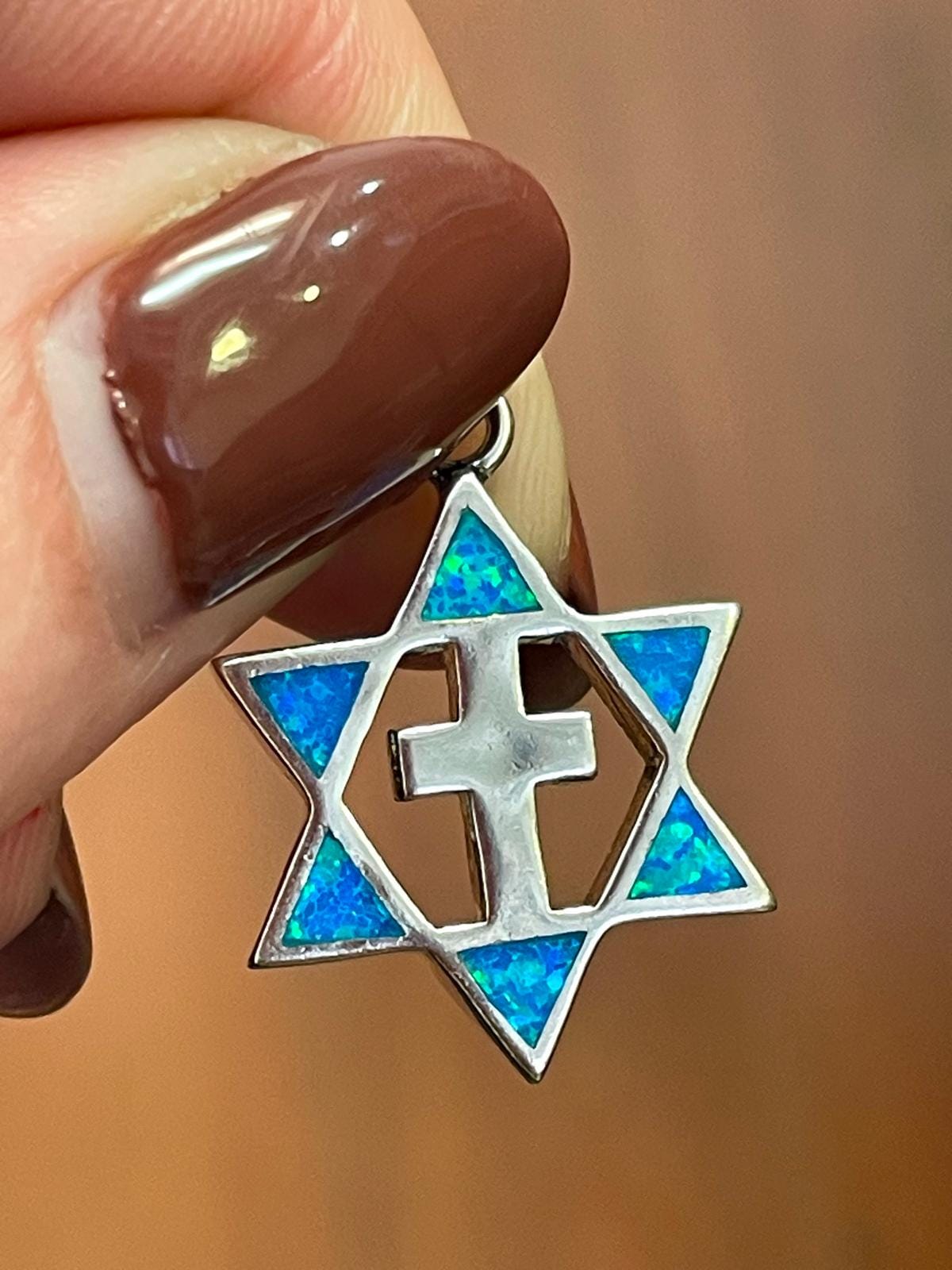 Star of David and Cross Necklace, 925 Silver, opal necklace, blue and white opal pendant, christian jewelry, jerusalem jewelry, blue opal