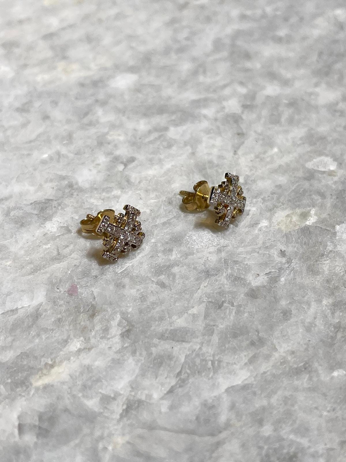 Jerusalem Cross Earrings With Diamonds, 14K gold, christian gifts, cross earrings, natural diamonds stone, stud earrings, gold jewelrys
